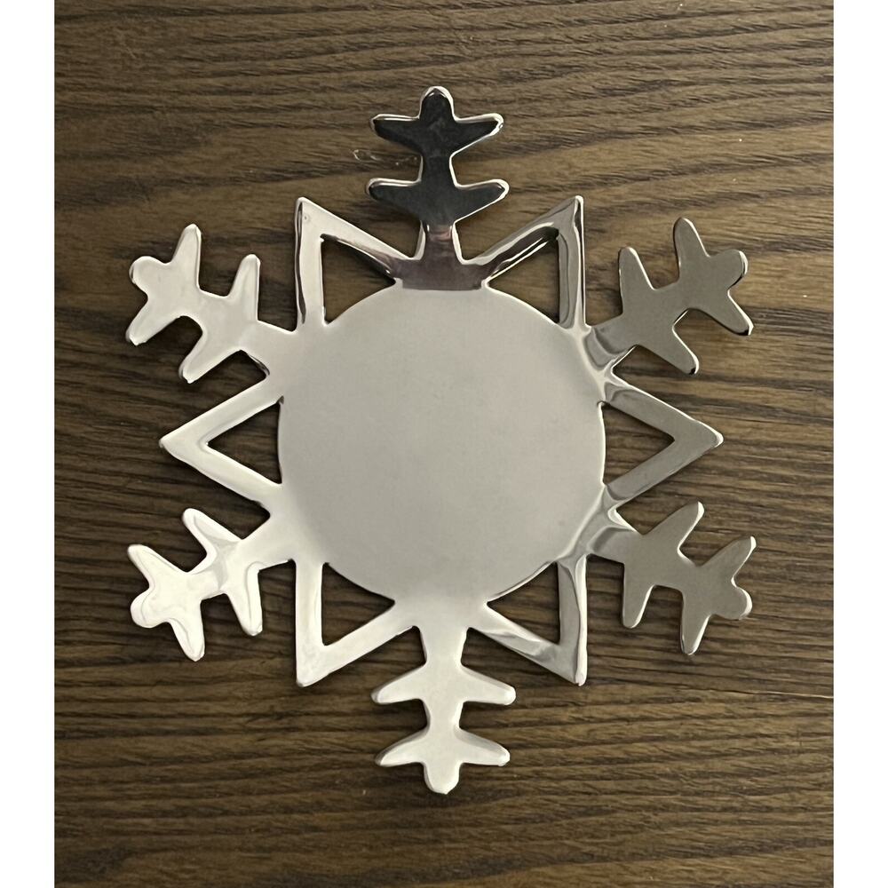 Crate & Barrel 7” Winter Silver Snowflake Plate Candle Pillar Holder Shiny